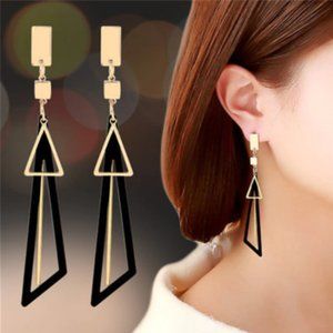Gold And Black Long Statement Triangle Earrings